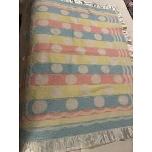 Vintage Chenille Baby Blanket Satin Trim Pastel Polka Dot Crib 40x32